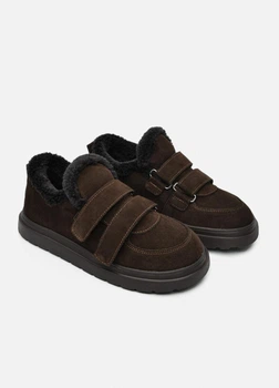 Женские замшевые кеды PARADIZE SHOES зимние темно-коричневого цвета на двух передних липучках с натуральным меховым утеплителем 38 размер (стелька 25,4 см)