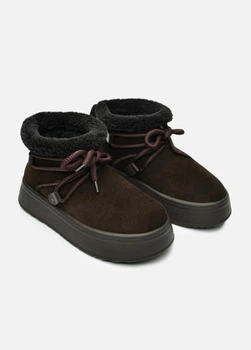 Женские зимние короткие угги PARADIZE SHOES из замши тёмно коричневого цвета с декоративным шнурком на высокой подошве 38 размер (стелька 24,7 см)