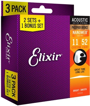 Струны для акустической гитары Elixir 3 Pack 16544 Nanoweb Phosphor Bronze Custom Light Acoustic Guitar Strings 11/52