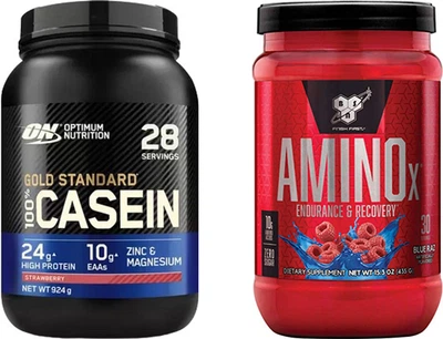 Zestaw Białko Optimum Nutrition Gold Standard 100% Casein 896 g Strawberry (5060245605373) + Aminokwas BSN Amino X 435 g Blue Raspberry (834266003389)