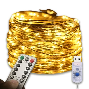 Новогодняя LED-гирлянда 20 м 200Led на с медным проводом и пультом управления питанием от USB Капля Росы Теплый белый