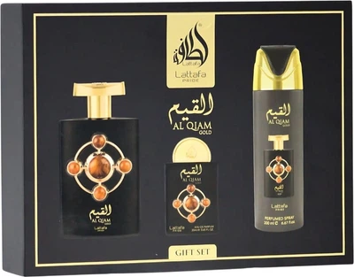 Zestaw unisex Lattafa Al Qiam Gold Woda perfumowana 100 ml + Miniatura 20 ml + Dezodorant w sprayu 200 ml (6290362346562)