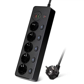 Сетевой фильтр BKL-505 на 5 розеток 1 PD20W + 1 QC3.0 1 Type-C + 1 USB,100-250V, 13А, черный