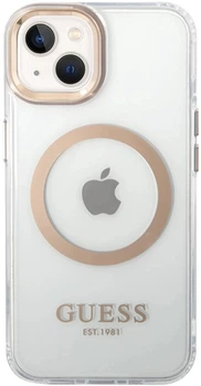 Etui plecki Guess Metal Outline Magsafe do Apple iPhone 15 Plus/14 Plus Transparent/Gold (3666339196905)