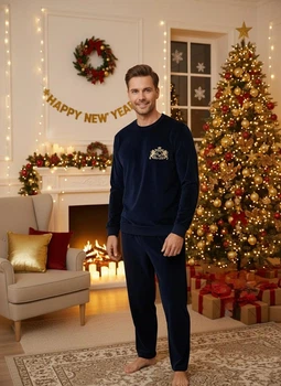 Мужская пижама Family Tradition Family Tradition велюр трикотаж с вышивкой XL тёмно-синяя Новый год