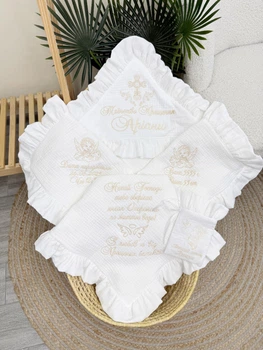 Именная крыжма для девочки + мешочек Family Tradition муслин вязаное полотно с вышивкой и оборкой 100х100 см белый молочный Ангелы на небесах