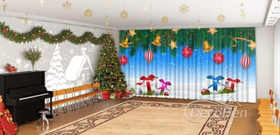 Новорічні Фото Штори в дитячий сад PHOTODECOR "Гілки ялинки з іграшками та подарунками" 1 кв.м