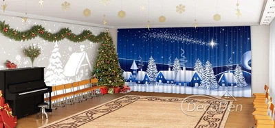 Новогодние Фото Шторы в детский сад PHOTODECOR "Синие домики"