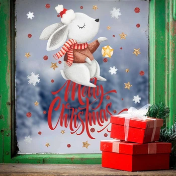 Новорічна наклейка Вінтажний Зайчик Merry Christmas Набір S 450x650мм глянець ПВХ декор на вікна стіни