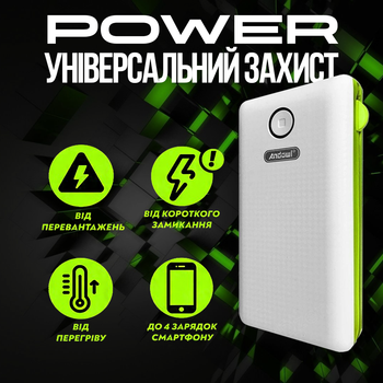 Повербанк умб 20000 mah со встроенными кабелями micro usb type c lightning Andowl Q-T70Х1 павербанк для телефона роутера устройств powerbank внешний портативный аккумулятор повербанки большой емкости бело зеленый