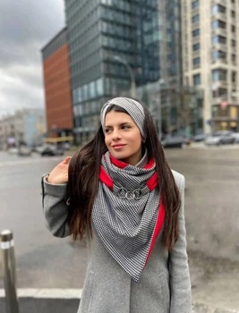 Жіночий 2-сторонній шарф з принтом гусяча лапка з червоною підкладкою "Единбург", на кільцях від My scarf