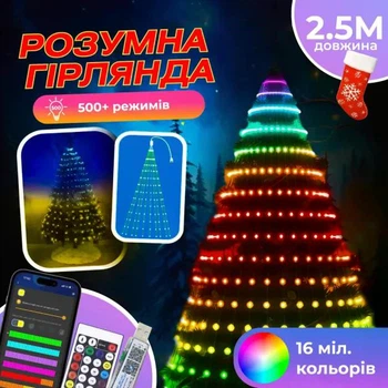 Розумна гірлянда Smart 250 LED довжина 25 м керування зі смартфона прозора нитка мультиколір світлодіодна гірлянда для дому вулиці новорічний святковий декор