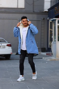 Куртка мужская зимняя джинсовая с капюшоном утепленная мехом Denim светло-синяя L