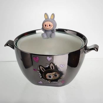 Бульонница фарфоровая Labubu с крышкой и ручками 800 (мл) Ø15 (см) детская тарелка для супа и лапши Серебристый с серым FM-34A