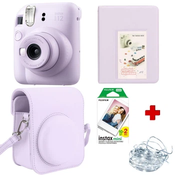 Новорічний набір Камера моментального друку Fujifilm INSTAX Mini 12 Lilac Purple / Чохол фіолетовий / Фотопапір на 20 знімків / Фотоальбом фіолетовий на 64 знімка / Гірлянда на батарейках