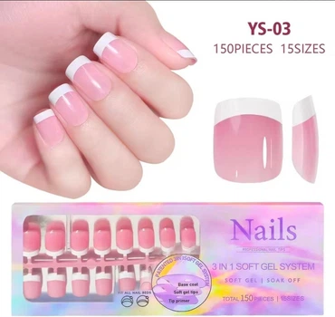 Гелевые типсы для наращивания Soft Gel с французским маникюром глянцевые короткий квадрат S 150 шт розовые с белым френчем (003)