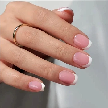 Гелеві тіпси для нарощування Soft Gel французький манікюр глянцеві Квадрат короткий S 150 шт блідо-рожеві з білим френчем (123)