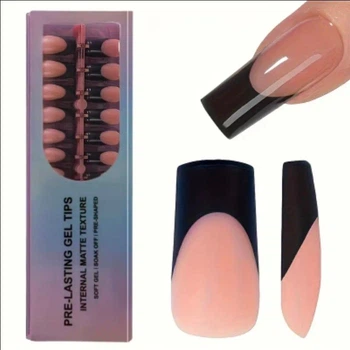 Гелевые типсы для наращивания Soft Gel с французским маникюром глянцевые квадрат L 150 шт бежевые с чёрным френчем (017)