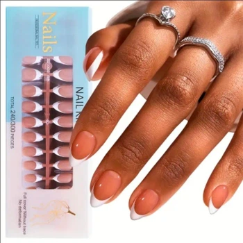 Гелевые типсы для наращивания с французским маникюром Nail Kingdom матовые миндаль М 240 шт натурально-бежевые с белым френчем (405)