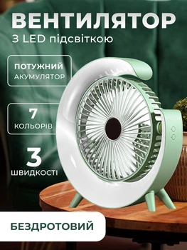 Вентилятор на акумуляторі настільний вентилятор бездротовий c RGB-підсвічуванням USB вентилятор Hofmy AC-70 Green