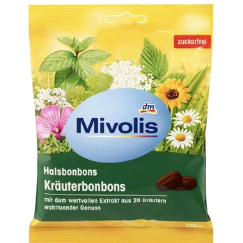 Пастилки для горла с экстрактом 20 трав, без сахара Mivolis Bonbons Kräuterbonbons zuckerfrei 125 г