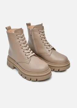 Женские кожаные ботинки PARADIZE SHOES зимние бежевого цвета высокие на шнурках с натуральным мехом 36 размер (стелька 23 см)