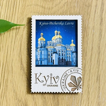 Магніт сувенірний деревʼяний KYIV UKRAINE марка, Успенський собор нічний, подарунок з Києва та України