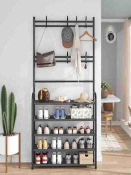 Универсальная вешалка для одежды 171х60х29 см New simple floor clothes rack 5 тканевых полок, металлическая черная