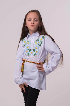 Дитяча Вишита Сорочка (Вишиванка) Ромашка блакитна 100% Бавовна | Якісна Вишивка Хрестиком | Piccolo | 164розмір