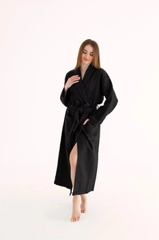 Женский вафельный халат кимоно Черный плотность 320 г/м2, размер XL, 100% хлопок