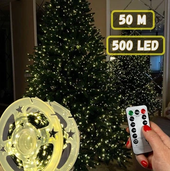 Светодиодная гирлянда Роса 500 LED 50 метров зеленый провод + пульт, 8 режимов теплый белый | Катушка от сети для елки (K50P)