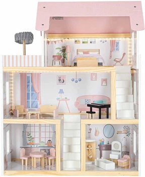 Domek dla lalek KIK drewniany Mebelki 78 cm Różowy LED (5903039763432)
