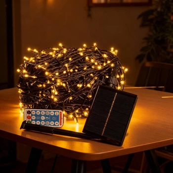 Сетевая новогодняя гирлянда нить уличная на солнечной батарее 100 м 1000 LED диодов 8 динамических режимов гирлянда для улицы с солнечной батареей черный провод цвет света Желтый