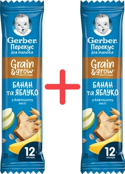 Набір фруктово-злакових батончиків у вафельному листі Gerber з бананом та яблуком для дітей з 12 місяців 25 г х 2 шт (8445291759787/8445291759787)
