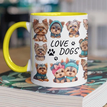 Чашка керамічна подарункова з малюнком собак "Love Dogs" 330 мл для напоїв біла з жовтою ручкою