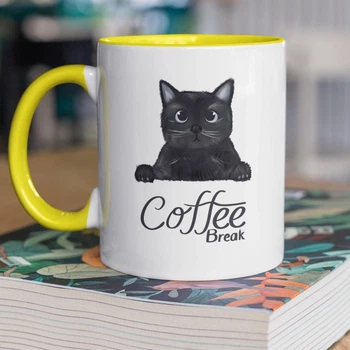 Чашка керамічна з малюнком кота "Coffee Break" 330 мл для напоїв біла з жовтою ручкою на подарунок
