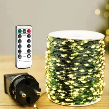 Светодиодная LED гирлянда "Роса" 120м 1200 Led теплый белый цвет, 8 режимов зеленая проволока 220V (9443)