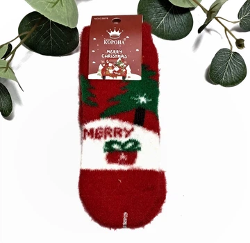 Дитячі новорічні норкові шкарпетки Корона розмір 10-12 см на 0-12 міс Ялинка Червоний/ Зелений