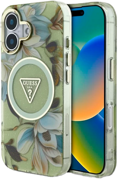 Etui Guess Glitter Flowers Triangle Buttons MagSafe do Apple iPhone 16 Green (3666339430665)