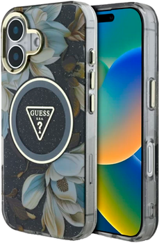 Etui Guess Glitter Flowers Triangle Buttons MagSafe do Apple iPhone 16 Black (3666339430818)