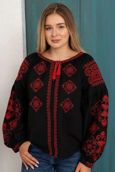 Жіноча вишиванка з червоною машинною вишивкою L чорний (6220)