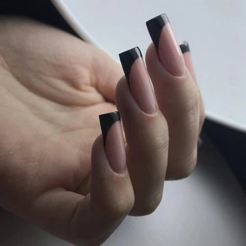 Накладні нігті Nail чорний френч на рожевому фоні, форма квадрат, довгі, 24 шт