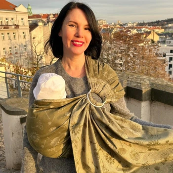 Слінг із кільцями жакардовий з бавовни оливковий Кульбабки – переноска для новонароджених і малюків 3,5–16 кг