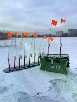 Зимние жерлицы Breeze №1 - 10 шт, морозостойкая основа 195 мм, катушка 75 мм, флажок 65 см, леска 15 м, тройник №6, тяжесть - 6гр, поводок + сумка EVA 45см Зеленая