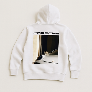 Чоловіче худі з принтом Porsche with a lion cub, Білий, S