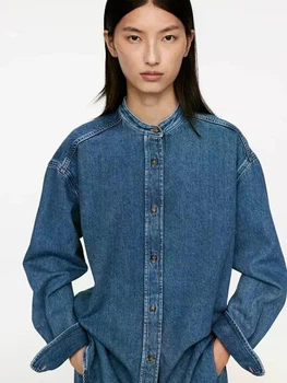 Джинсова жіноча сорочка ARKET stand-collar denim shirt 1241445001 38 Синя