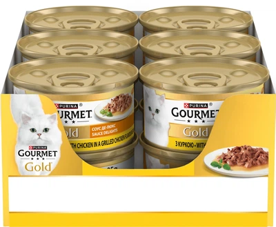 Упаковка влажного корма для кошек Purina Gourmet Gold Соус Де-Люкс, кусочки в соусе с курицей 12 шт по 85 г (7613036705110)