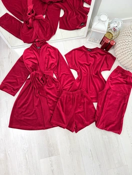 Комплект жіночий четвірка халат футболка шорти штани Evelyn Collection S-M червоний