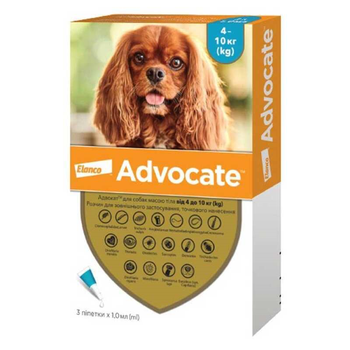 Капли для собак от блох, клещей, вшей, гельминтов Bayer Elanco Advocate на 4-10 кг 3 пипетки по 1мл (54172)