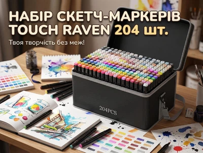 Набір маркерів двосторонніх для малювання скетчингу Touch Raven 204 шт комплект дитячі кольорові двосторонні скетч фломастери на спиртовій основі у тканинній сумці футлярі
